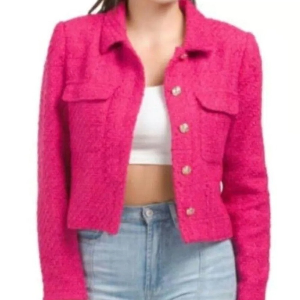 Rachel Zoe XS Pink Tweed Boucle Cropped Blazer Jacket Office Work Chic Old Money - Picture 6 of 6